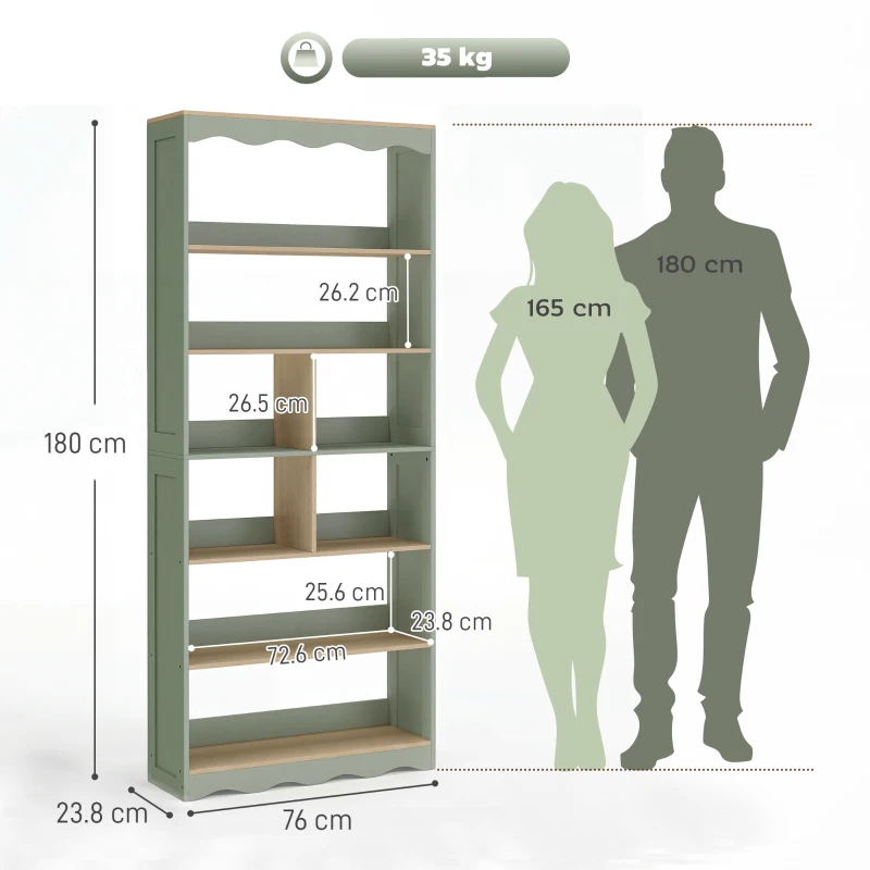 HOMCOM Bibliotecă, etajeră de depozitare cu 6 niveluri și 6 compartimente deschise, 76 x 23,8 x 180 cm, lemn natural și verde