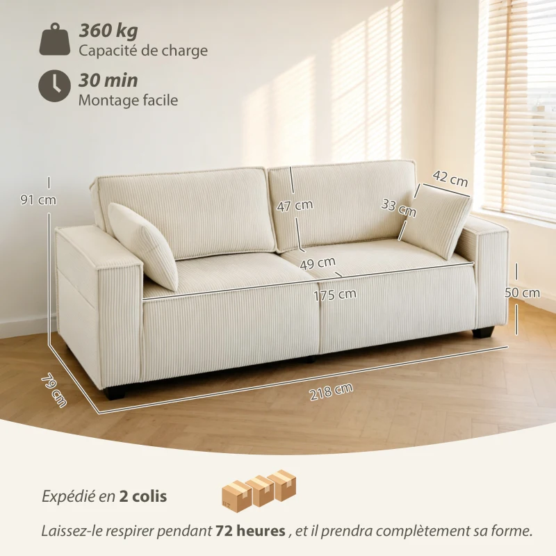 HOMCOM Sofá 3 plazas de terciopelo acanalado 218 cm, sofá salón, cojines con muelles, reposabrazos anchos, 2 cojines, beige