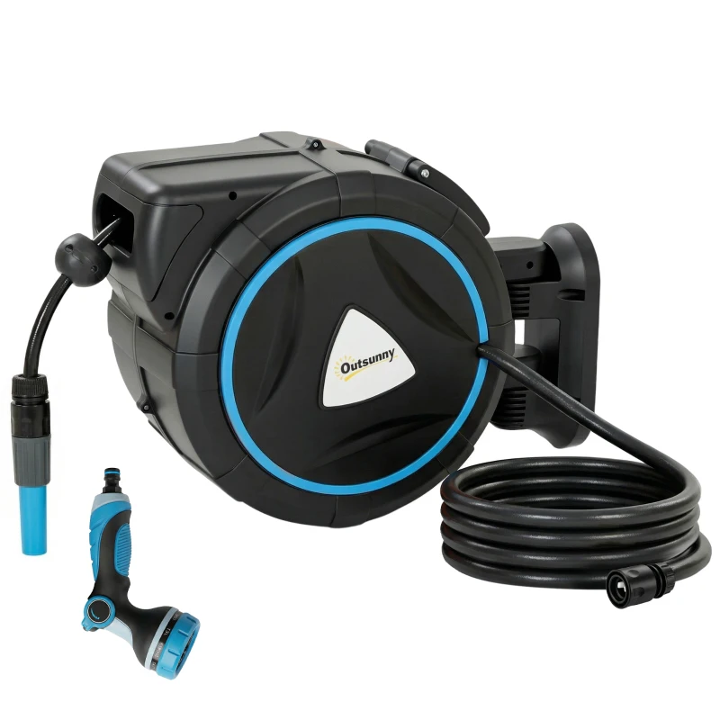 Outsunny Avvolgitubo Irrigazione da Parete Automatico 23+2 m, Avvolgitore Automatico Pistola Irrigazione, 10+2 Modalità, 55x31x50 cm, Blu