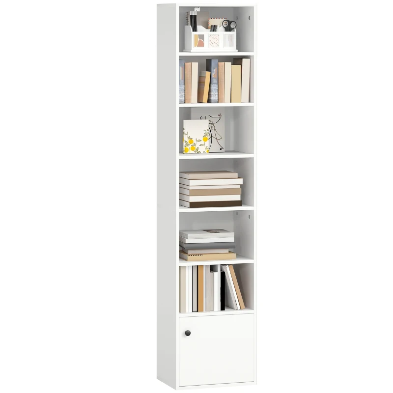 HOMCOM Librería de 7 Niveles Estantería para Libros Moderna con Estantes Abiertos y Puerta 40x30x180 cm Blanco