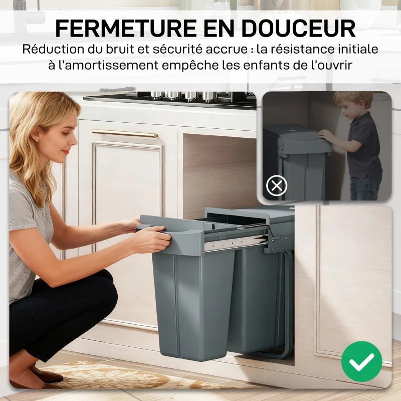 HOMCOM Poubelle cuisine coulissante 30L avec 2 compartiments, poubelle sous évier avec couvercle givré, 52x26x40,8cm, gris