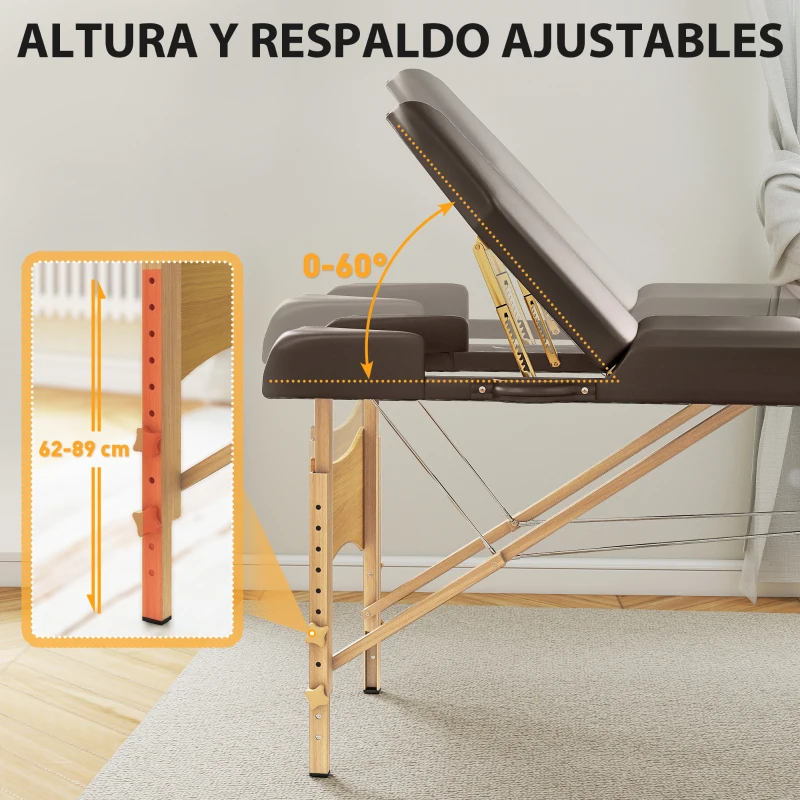 HOMCOM Camilla Masaje Plegable de Madera de 3 Zonas con Altura Respaldo Reposacabezas Ajustables Brazos 215x60x62-89 cm Marrón