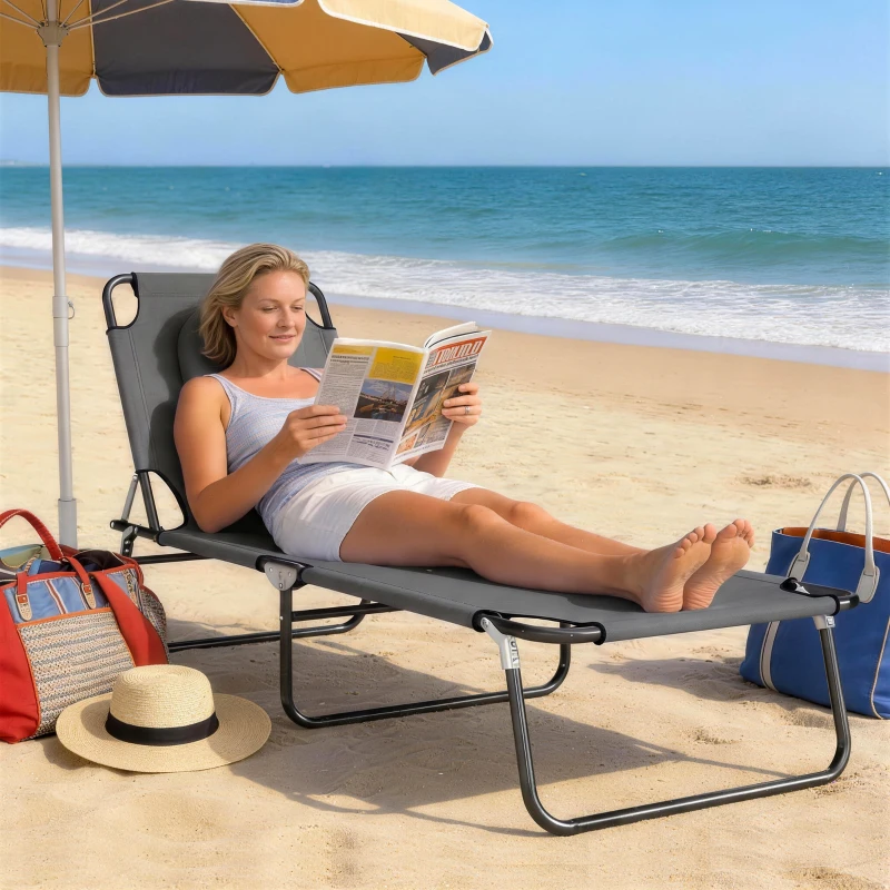 Outsunny Bain de Soleil Pliable transat inclinable 4 Positions Chaise Longue 3 Coussins fournis Gris