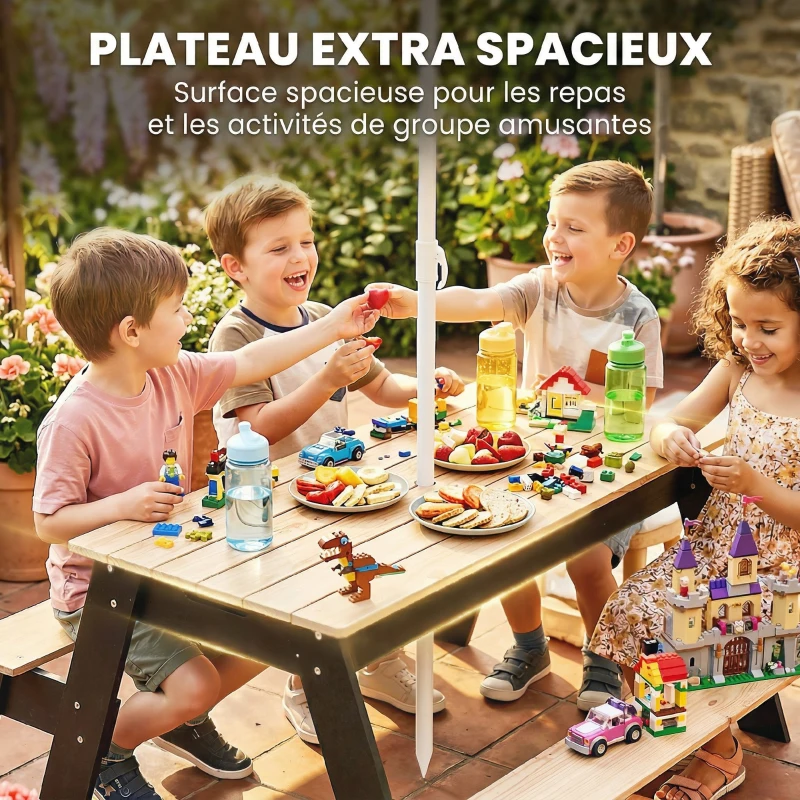 AIYAPLAY Table de pique-nique enfants avec parasol, 3 en 1 salon de jardin en bois pour enfants 3-6 ans avec 2 boîtes, naturel