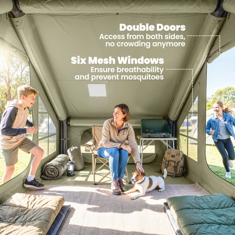 Outsunny Inflatable Camping Tent with Pump and Stove Jack Hole, Luxury Inflatable Tent with Mesh Windows, Doors, Olive Green