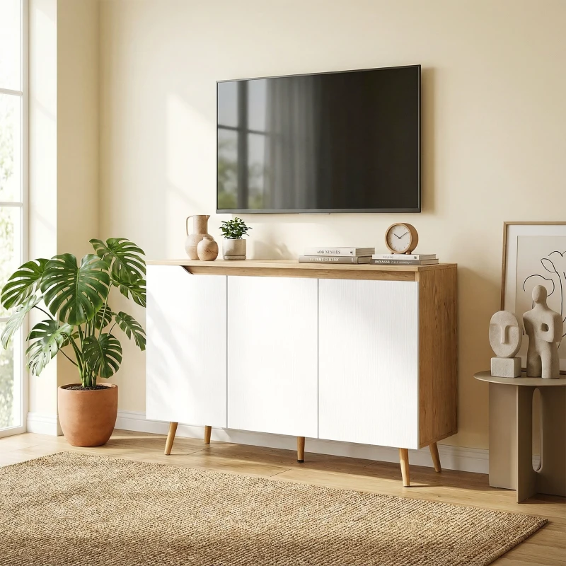 HOMCOM Buffet salon, meuble de rangement, 3 portes, étagères réglables et pieds en bois d'hévéa, 107x35x76,5cm, blanc et chêne
