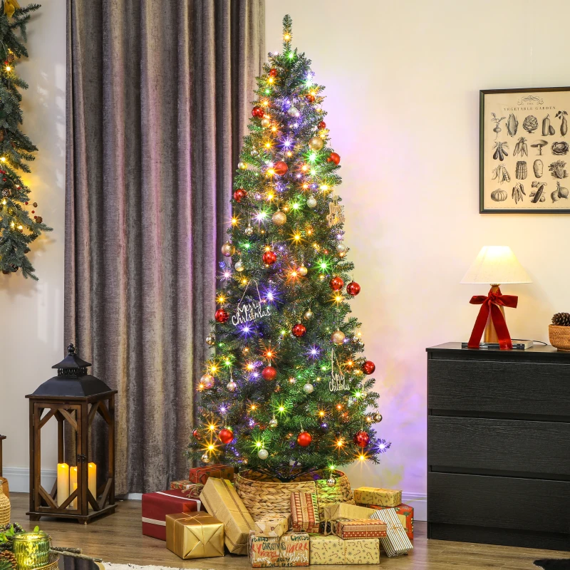 HOMCOM Sapin de Noël artificiel 210 cm, arbre de Noël fin avec 350 lumières, 1273 pointes, support en métal pliable, vert