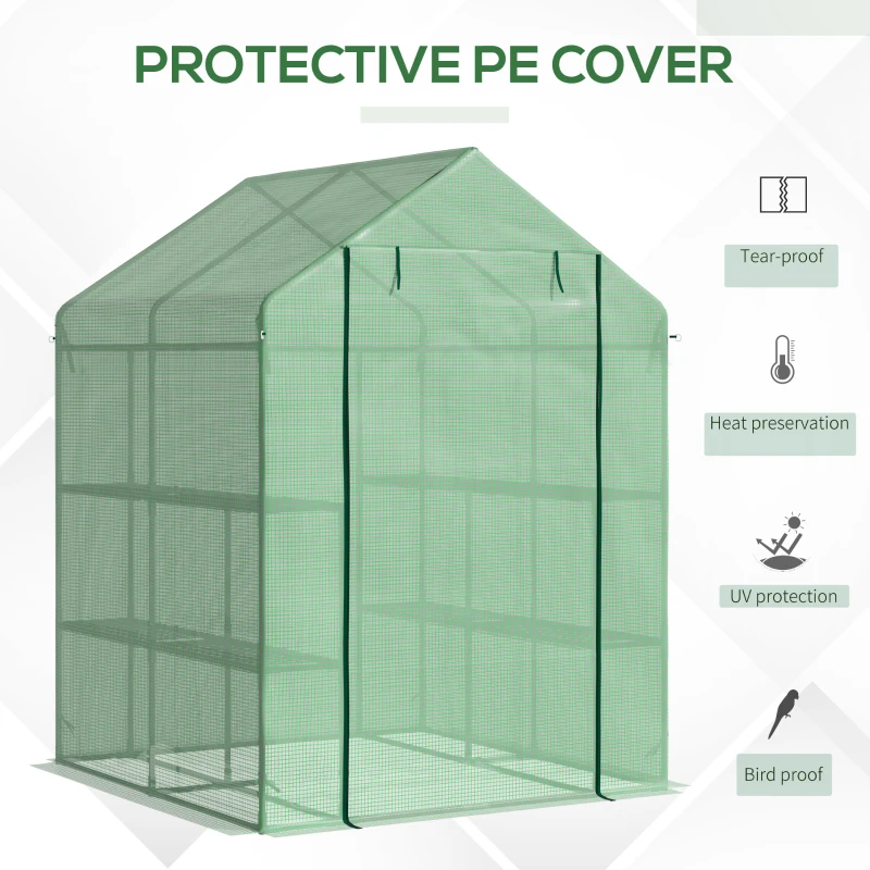 Outsunny Walk in Garden Greenhouse with Shelves Polytunnel Steeple Green house Grow House Removable Cover 143x138x190cm, Green