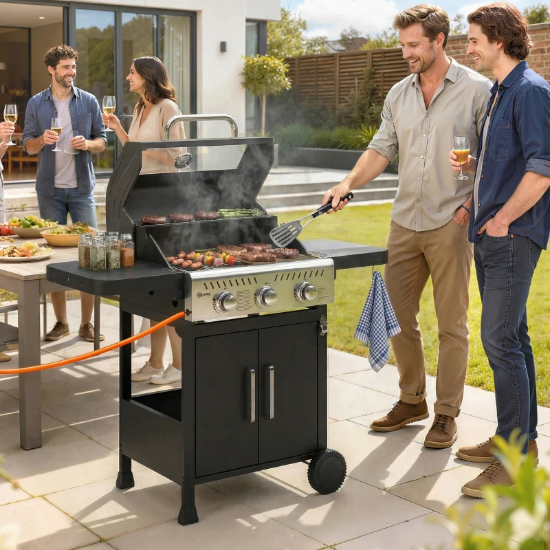 Outsunny Barbecue a Gás Portátil com 3 Queimadores 7,5 kW Termómetro Mesas Laterais Dobráveis Armário Grelha Aquecedora Chapa 125x57x110 cm Preto
