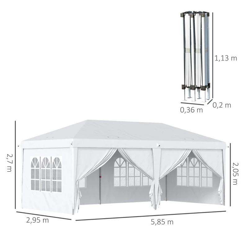 Outsunny Vouwtent van 6 x 3 m, verwijderbare zijwanden, grote ramen, deuren met ritssluiting, stalen frame, wit