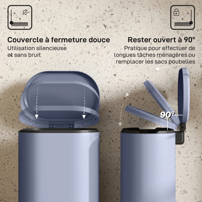 HOMCOM Poubelle cuisine 30L, poubelle à pédale, seau intérieur amovible, couvercle à fermeture douce, 36,5x31x61cm, gris