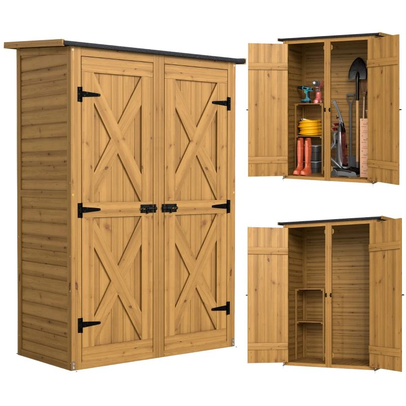 Outsunny Caseta de Jardín de Madera 115x53x156 cm Armario para Herramientas con Puertas Dobles y Estantes Techo Inclinado Marrón