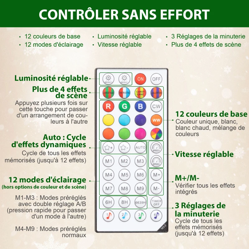 HOMCOM Sapin de Noël artificiel 180 cm, arbre de Noël, lumières LED synchronisées colorées et télécommande, 899 pointes, vert