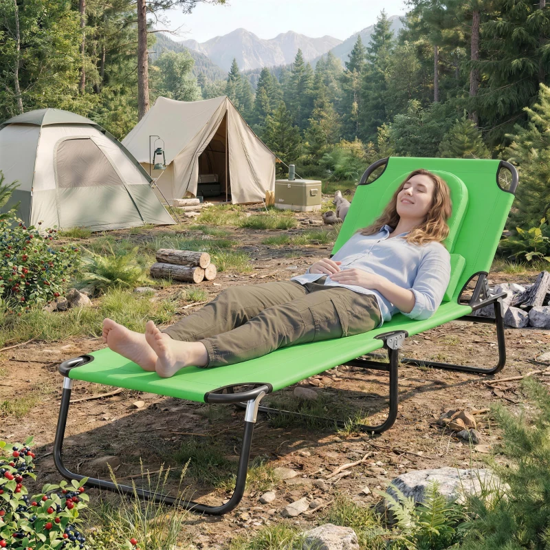 Outsunny Folding Sun Lounger with Face Hole, 4-Position Adjustable Backrest Garden Recliner Chair Sunbed, Outdoor Lounge Chair with 600 D Oxford Cloth Seat, Pillow for Beach, Green