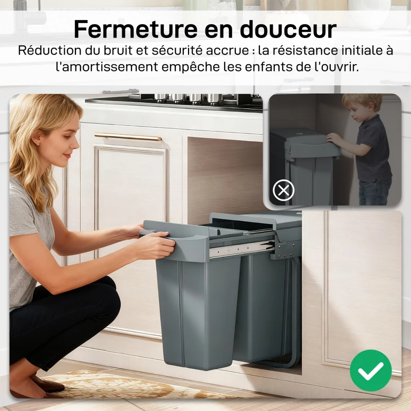 HOMCOM Poubelle cuisine coulissante 30L avec 2 compartiments, poubelle sous évier avec couvercle givré, 52x26x40,8cm, gris