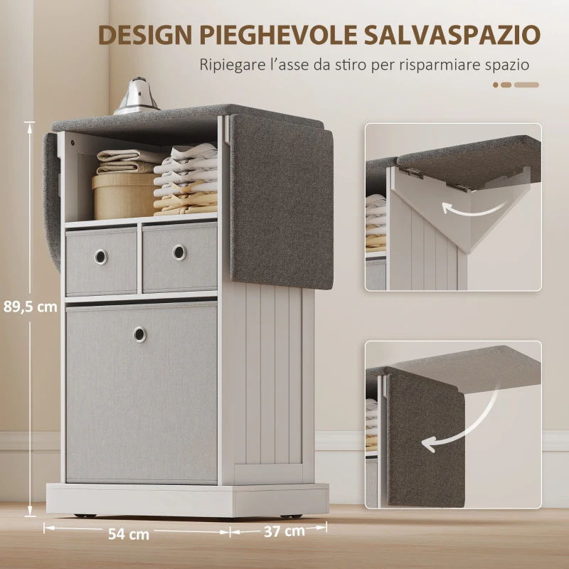 HOMCOM Mobile Asse da Stiro Pieghevole a Rotelle con Ripiano Aperto e 3 Cassetti, 121x37x89.5 cm, Bianco e Grigio