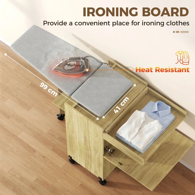 HOMCOM Dulap Masă de Călcat Rabatabilă cu Roți și Suport pentru Fier de Călcat, Dulap Multifuncțional cu Rafturi, Compartiment Deschis, pentru Spălătorie, Baie, 154x55x87 cm, Lemn Natural