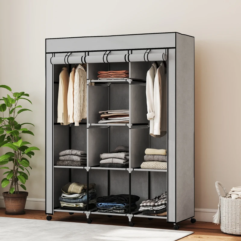 HOMCOM Armoire penderie multi-rangement - 8 étagères, 2 barres - non tissé gris