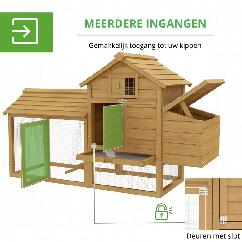 PawHut Kippenhok met ren pluimveehok met stok massief hout naturel(m-7)