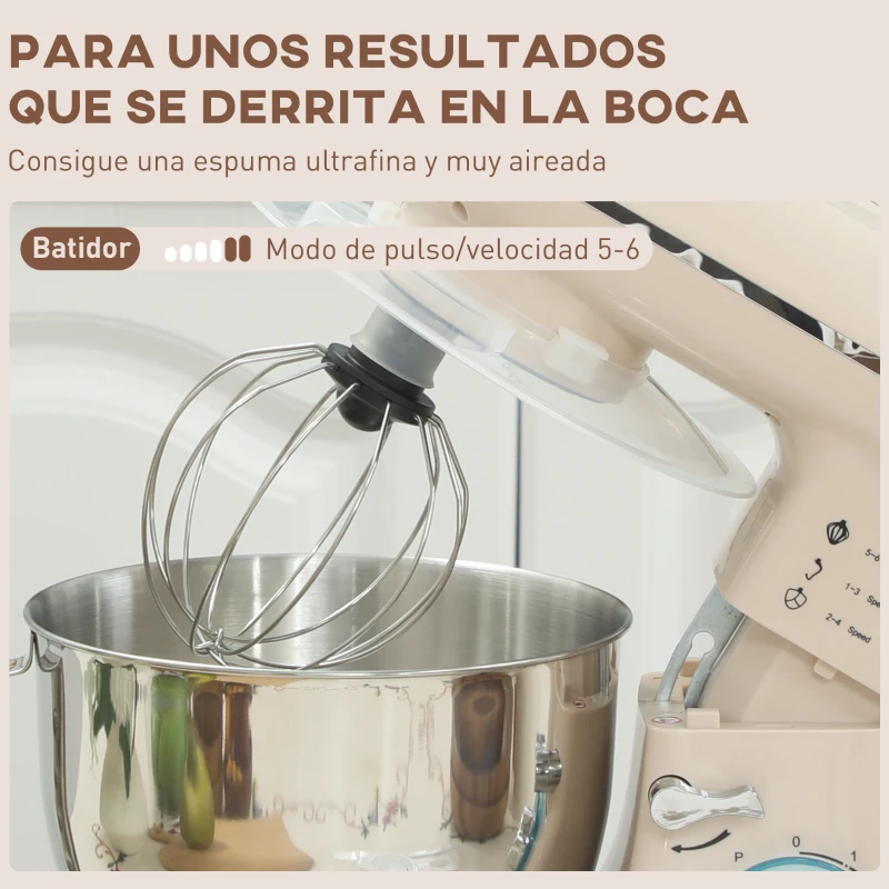 HOMCOM Batidora Amasadora 4,5L 1300W 6 Velocidades Bol de Acero Inoxidable Batidor Gancho Varilla Beige