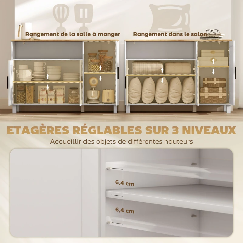 HOMCOM Buffet, meuble de rangement avec 3 portes, compartiment ouvert et étagères réglables, 110 x 33 x 75 cm, blanc