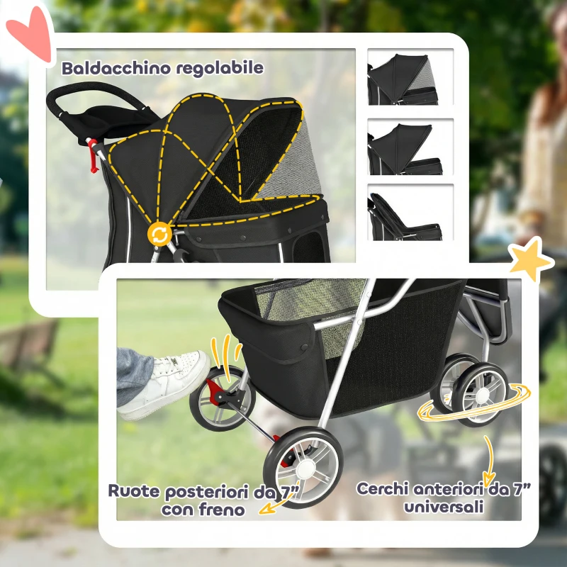 PawHut Passeggino per Cani Pieghevole con Portabicchieri e Cestello, in Acciaio e Tessuto Oxford, 77x44x102 cm, Nero
