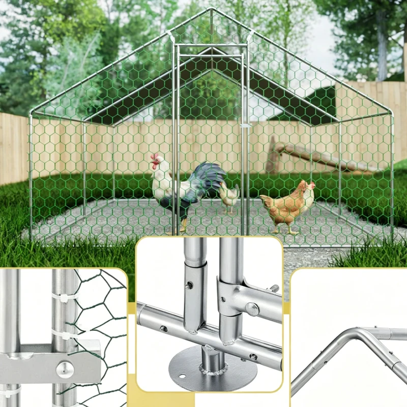 Freilaufgehege für Hühner, verzinkter Stahlrahmen mit Sicherheitsschloss, 303x400x200 cm, Silber