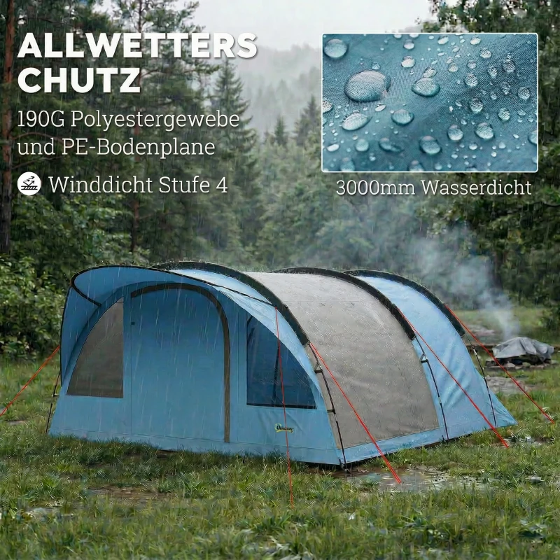 Outsunny Namiot tunelowy 4-osobowy, namiot rodzinny z kabiną sypialną i przedsionkiem, odpinana przegroda, okna, plandeka podłogowa, wysokość stojąca