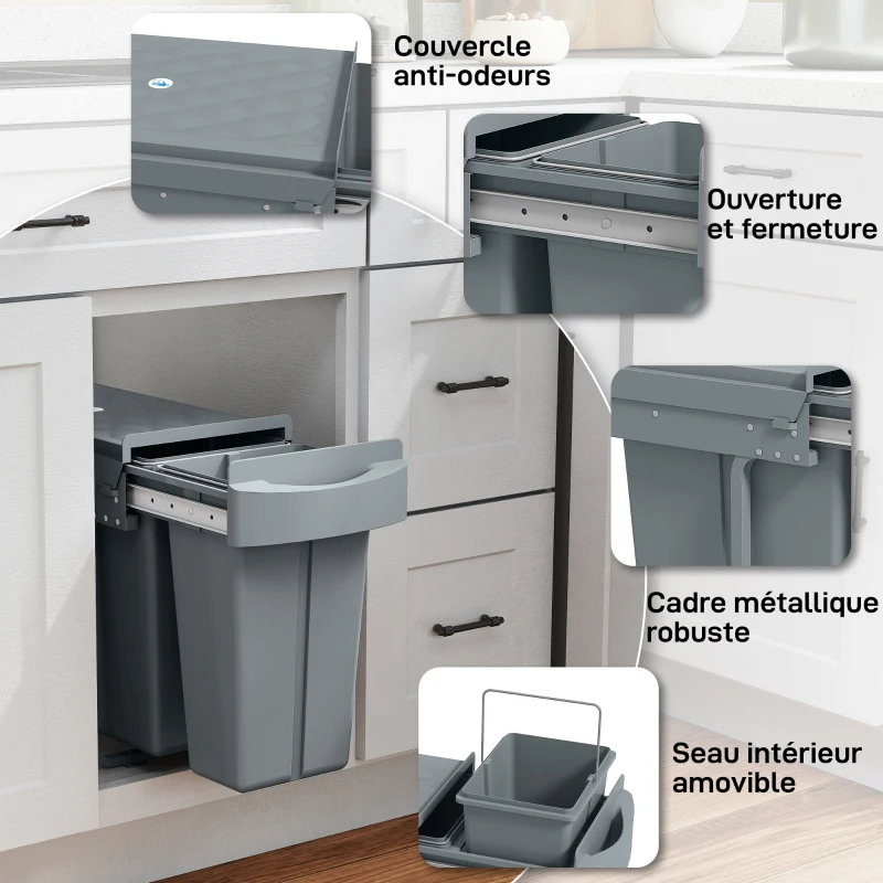 HOMCOM Poubelle cuisine coulissante 30L avec 2 compartiments, poubelle sous évier avec couvercle givré, 52x26x40,8cm, gris