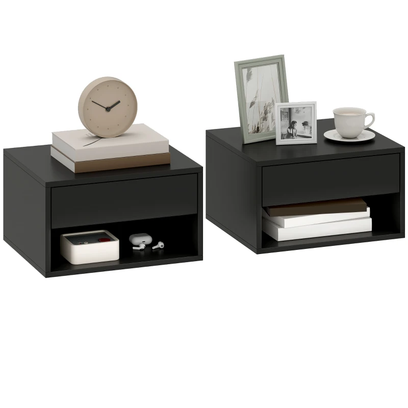 HOMCOM Lot de 2 tables de chevet murales, tables de nuit, tiroir, compartiment ouvert, plateau, 37 x 32 x 21 cm, noir