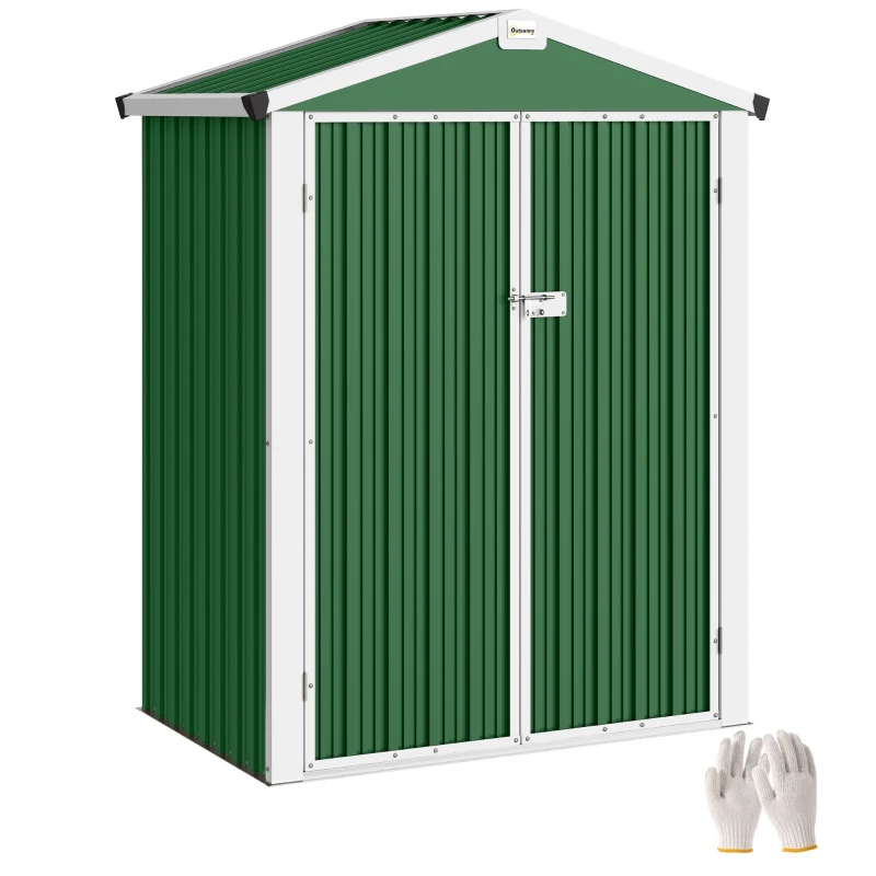Outsunny Cobertizo de Jardín Exterior 1,1 m² 133x87x178 cm con 2 Puertas Abatibles Techo a Dos Aguas y Guantes Verde