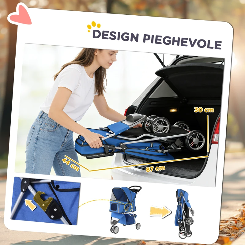 PawHut Passeggino per Cani Pieghevole con Portabicchieri e Cestino, 77x44x102 cm, Blu