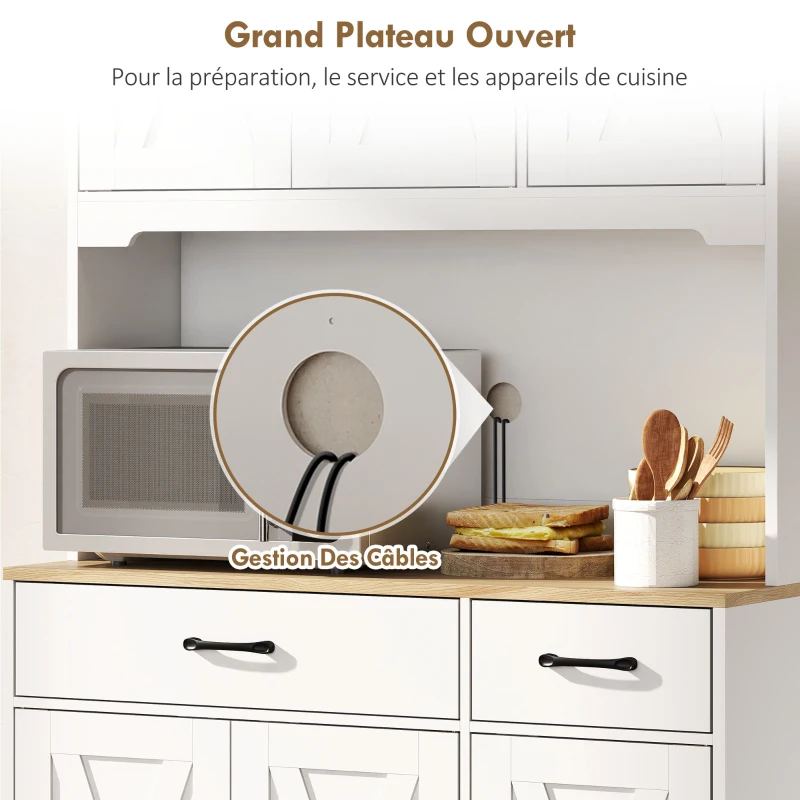 HOMCOM Buffet haut cuisine armoire de cuisine avec 6 portes 2 tiroirs plan de travail étagères réglables 94x39,5x175,2cm blanc(m-5)