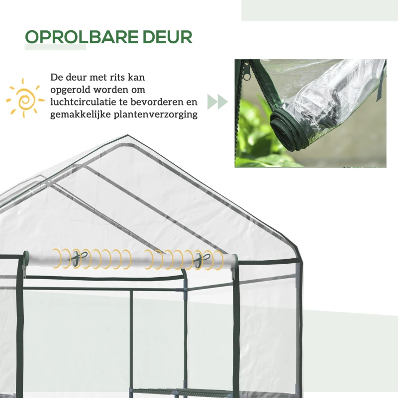 Outsunny® kas kweekkas met planken staal foliekas tomantenhuis planken, PVC + staal, 143x143x195cm