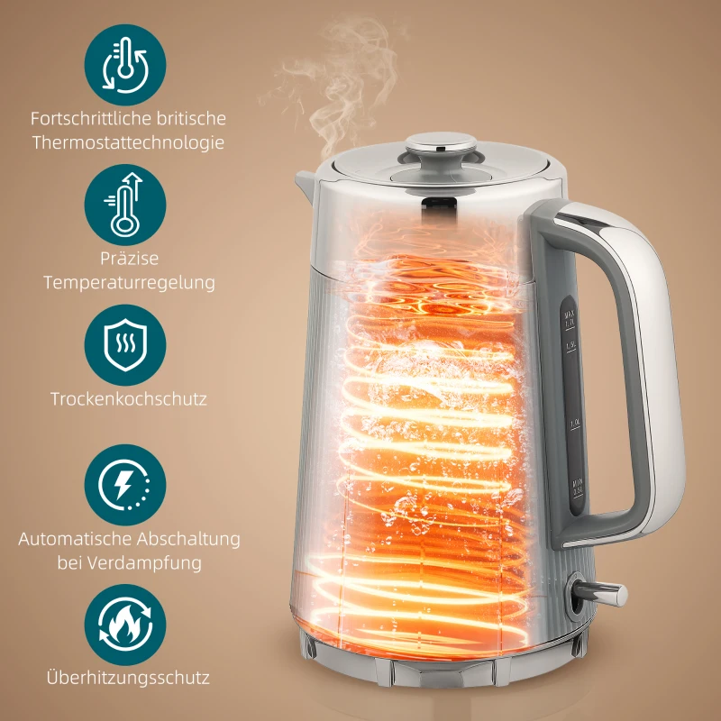 HOMCOM 2200W, 1,7L Wasserkocher mit Schnellkochfunktion, Entkalkungsfilter und 4-Scheiben-Toaster mit 7 Bräunungsstufen, Grau