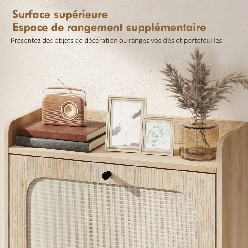 HOMCOM Meuble à chaussures 12 paires, armoire à chaussures, 2 tiroirs rabattables, portes en rotin et étagères réglables, chêne