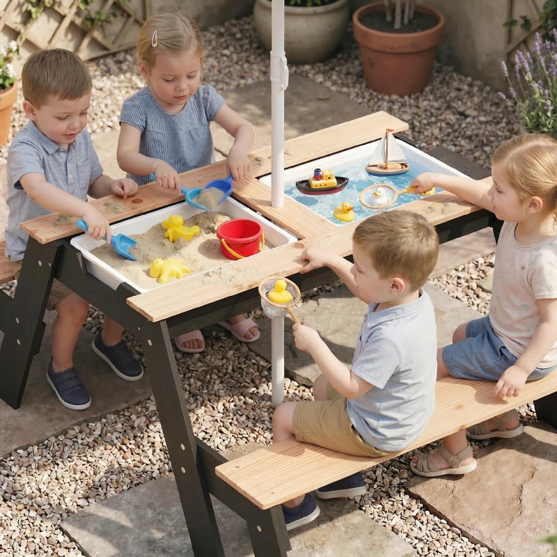 AIYAPLAY Table de pique-nique enfants avec parasol, 3 en 1 salon de jardin en bois pour enfants 3-6 ans avec 2 boîtes, naturel