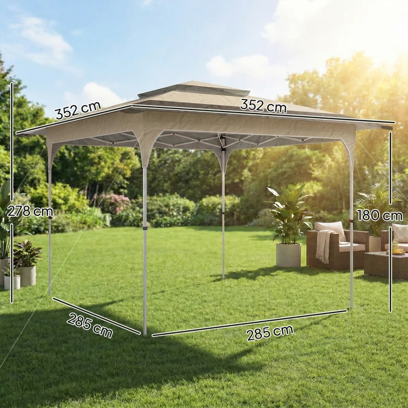 Outsunny Tenda Dobrável 3,5x3,5 m Pop-up com Altura Ajustável 3 Níveis Duplo Telhado Fecho Central e Saco UPF50+ Caqui