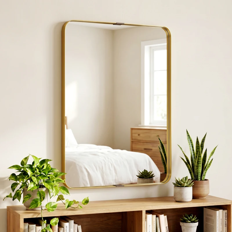 HOMCOM Rectangular Wall Mirror, 90 x 60 cm Wall Mounted Bathroom Mirror w/ Aluminium Alloy Frame and Tempered Glass, Gold Tone