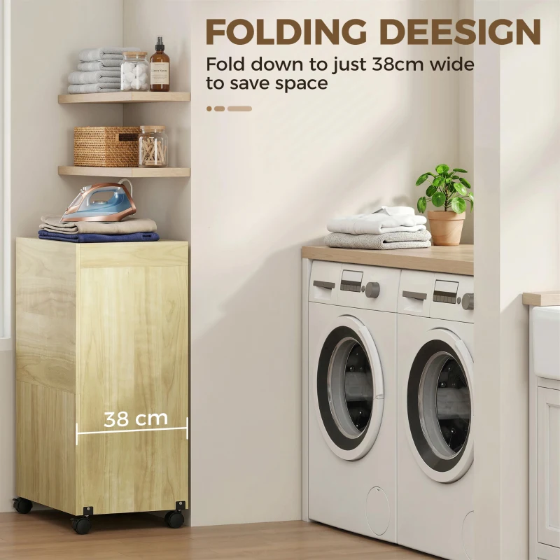 HOMCOM Dulap Masă de Călcat Rabatabilă cu Roți și Suport pentru Fier de Călcat, Dulap Multifuncțional cu Rafturi, Compartiment Deschis, pentru Spălătorie, Baie, 154x55x87 cm, Lemn Natural