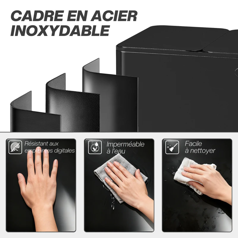 HOMCOM Poubelle de cuisine, poubelle tri sélectif, 3 compartiments de 20L, seaux intérieurs amovibles, 61,9x36,6x56,7cm, noir