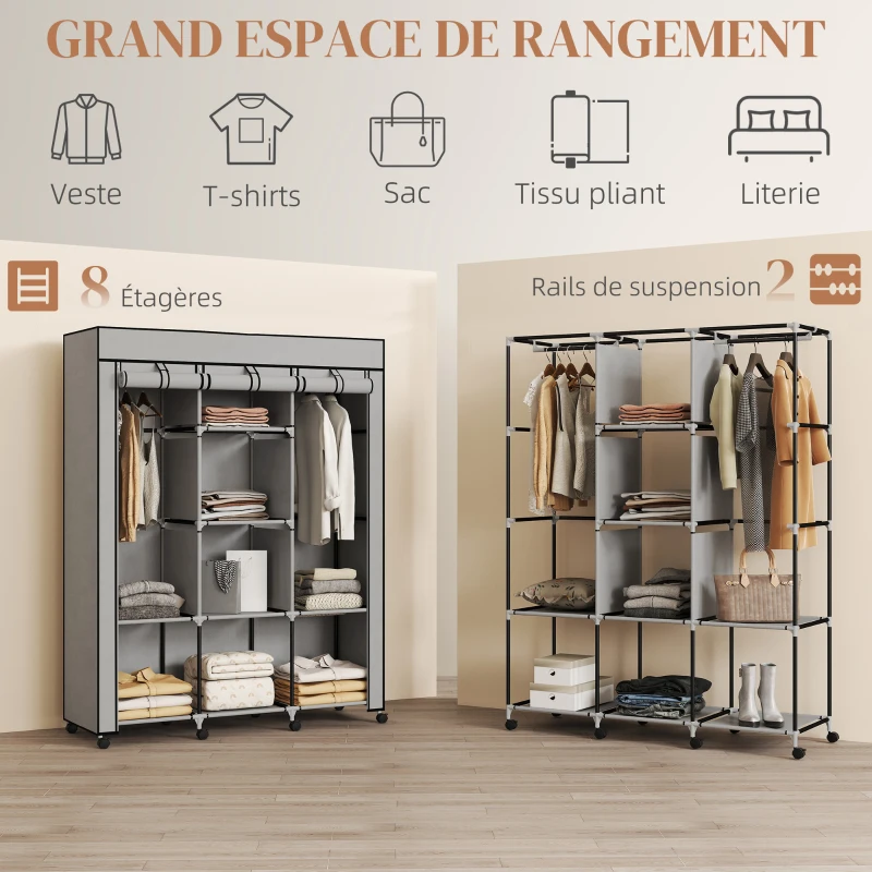HOMCOM Armoire penderie multi-rangement - 8 étagères, 2 barres - non tissé gris
