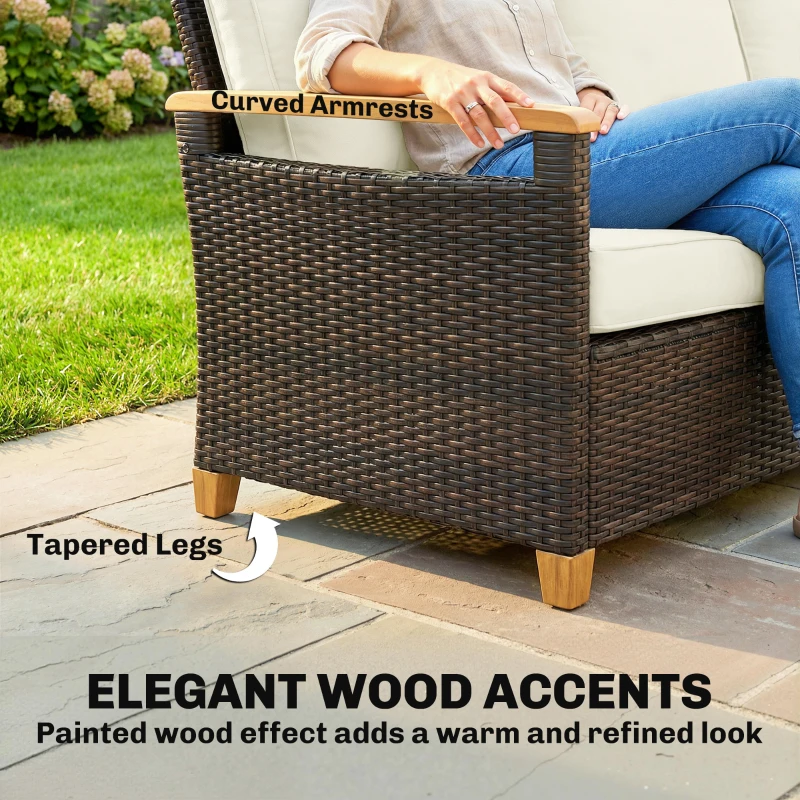 Outsunny 3 Seater Rattan Garden Sofa, PE Wicker Outdoor Sofa Wide Deep Seat, 4" Cushions, Wood-Effect Armrests Legs, Brown