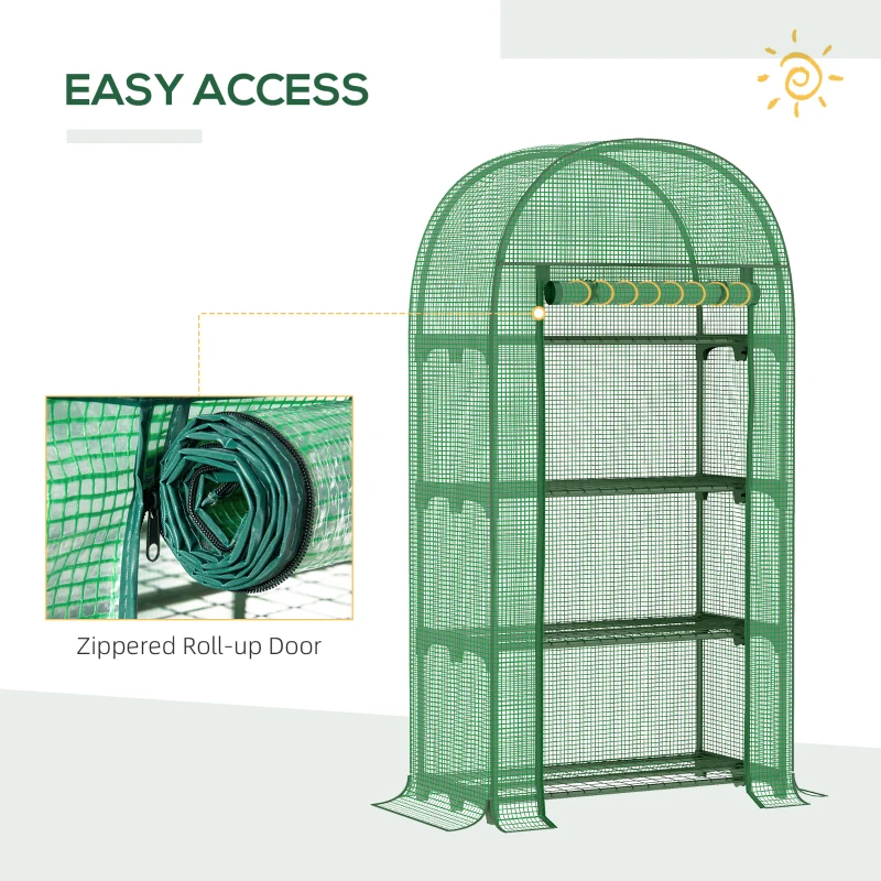 Outsunny 80 x 49 x 160cm Mini Greenhouse for Outdoor Use, Portable Gardening Plant House with Storage Shelf, Roll-Up Zippered Door, Metal Frame, and PE Cover, Green