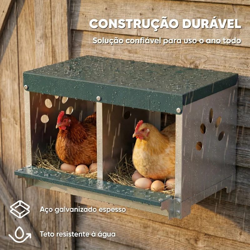 PawHut Ninho para Galinhas Poedeiras de Aço Galvanizado com 2 Compartimentos Ninho para 2 Galinhas com Teto Impermeável e Ventilação 54,5x42,5x35,5 cm Prata e Verde