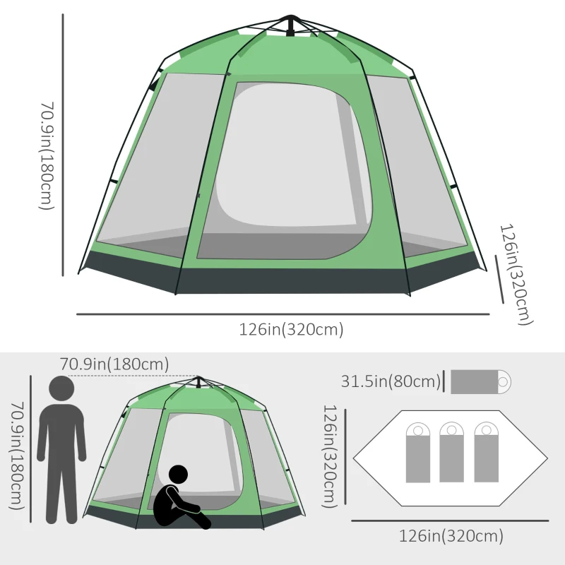 Outsunny Kampeertent 6 Persoons Tent Familietent Koepeltent PU2000mm Gemakkelijk op te zetten voor gezinnen Trekking Festival Staal Glasvezel Groen 320 x 320 x 180 cm