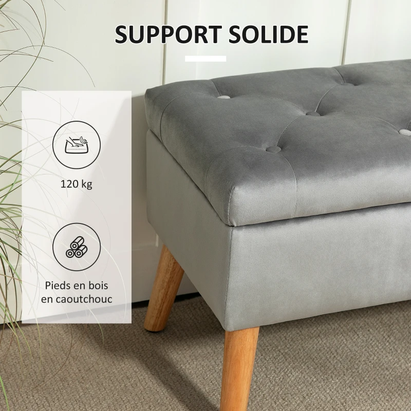 HOMCOM Banc de rangement coffre de rangement tissu effet velours pieds en bois charge max. 120 kg 80 x 35 x 42 cm, gris
