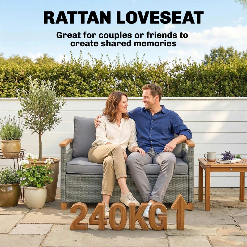 Outsunny 2 Seater Rattan Garden Sofa, Outdoor Sofa with Thickened Cushions and Acacia Wood Armrests, Dark Grey