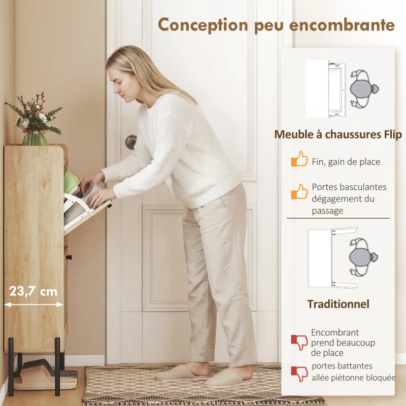 HOMCOM Meuble à chaussures 12 paires, armoire à chaussures, 2 tiroirs rabattables, portes en rotin et étagères réglables, chêne