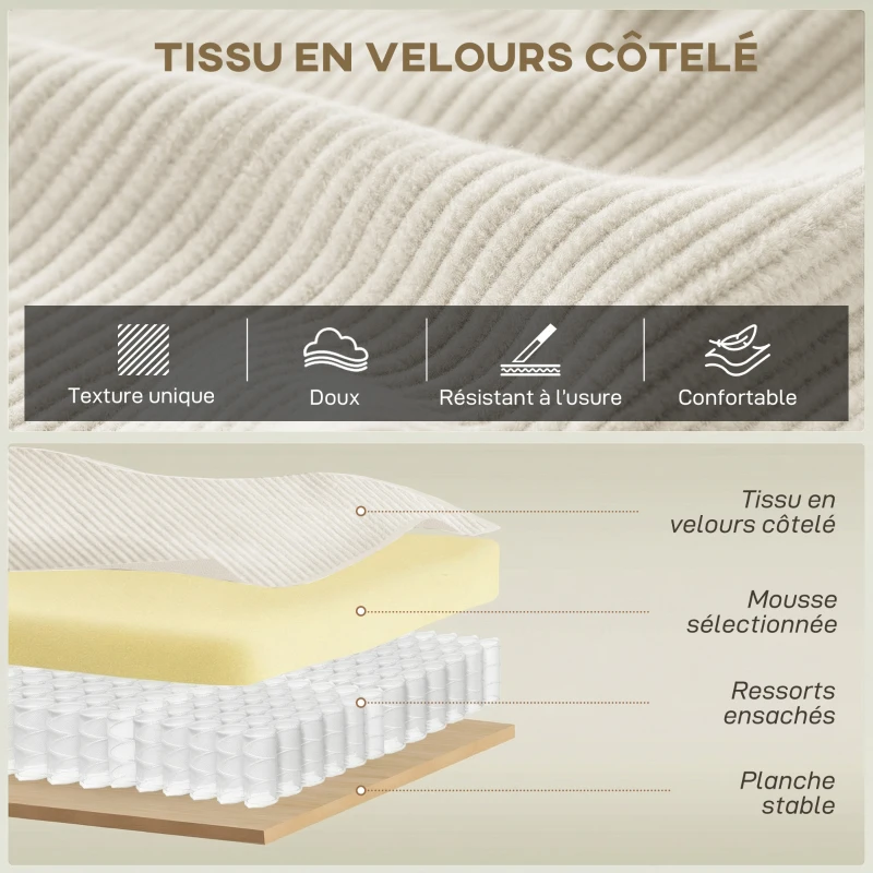 HOMCOM Canapé 3 places en velours côtelé 218 cm, canapé salon,  coussins à ressorts, larges accoudoirs, 2 coussins, beige